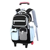 NIWEIYA School Backpack with Wheels for Girls Wheeled Bookbags Kids Rolling Backpack for Girls Trolley School Bag, Black Blue 2 Wheels
