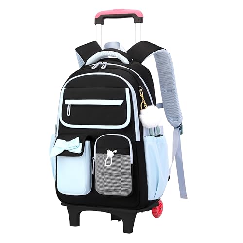NIWEIYA School Backpack with Wheels for Girls Wheeled Bookbags Kids Rolling Backpack for Girls Trolley School Bag, Black Blue 2 Wheels