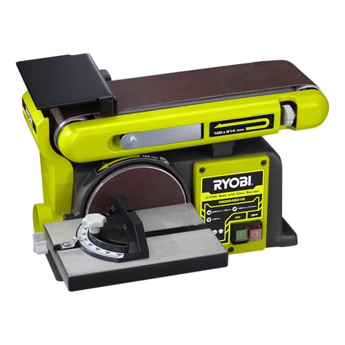 RYOBI Ponceuse à Bande et a disque RBDS4601G – Moteur 370W, Bande 100x914 mm, Disque Ø150mm, Buse d’aspiration, Butée, Idéale Bois et Métaux – Outil Stationnaire pour Atelier