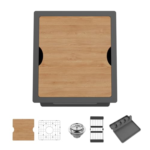 Black Kitchen Sink Workstation, 15x17 In Stainless Steel Undermount Modern Small Single Bowl Drop In Kitchen And Bar Sink Combo-SS Grid,Cutting Board,Drain Assembly For Various Kitchen&Bar Style
