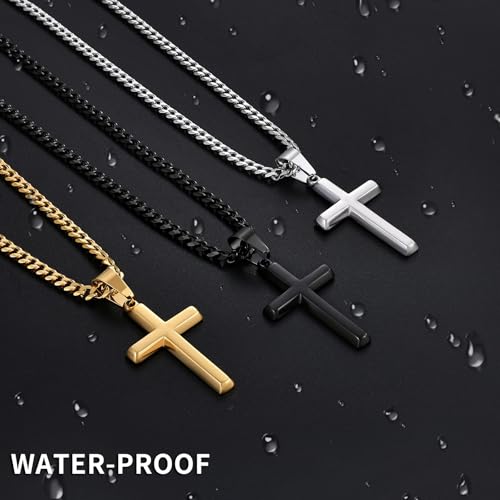 Image of Fiusem Silver Tone /Black /14K Gold Plated Cross Necklace for Men, Beveled Edge Pandent Mens Necklace, 3.5MM Stainless Steel Cuban Chain, 16-24 Inches Jewelry Gifts
