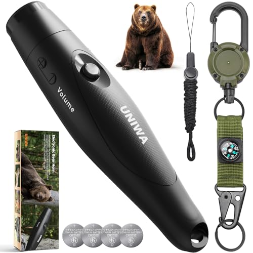 UNIWA Bear Horn - 125 dB Loud Safety Alarm with Compass & Retractable Hook Compact & Lightweight One-Button Operation for Camping Hiking Hunting; Essential for Outdoor Enthusiasts - Black