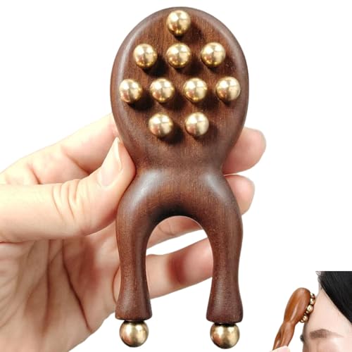 KINTEGOOD Sandalwood Facial Massage Roller with 12 Brass Beads, Wooden Y-Shaped Guasha Tool for Face, Eye, Nose, Ear Meridian Acupoint Massage