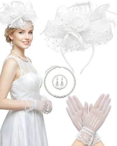 Thstdhy Fascinators Hat for Women Tea Party Fascinator Headband with Gloves Tea Party Accessories for Ladies White