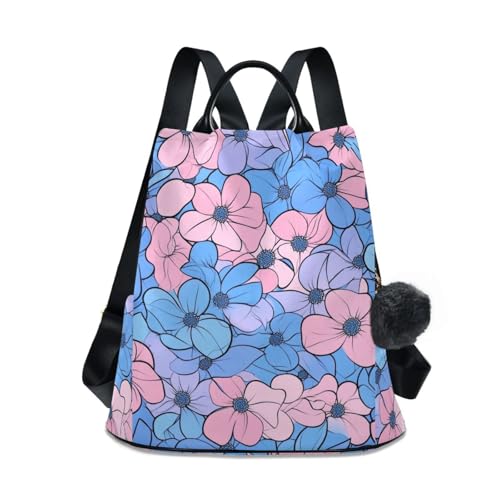 KLL Multi-small Flowers Pink Light Blue Fashion backpacks for women casual large backpack for women for Travel, Work, Everyday with Pom-pom keychain