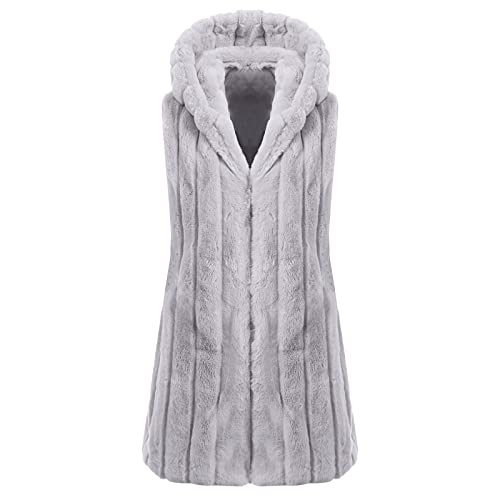 Queshizhe Women's Faux-Fur' Sleeveless Mid-Length Hooded Jacket Vest Warmer Outwear Fringe Cardigans Sweater #TOP6
