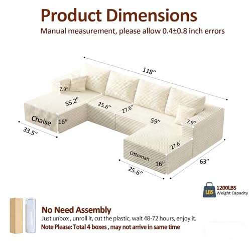 Image of 118 inch U-Shaped Modular Sectional Sofa Set,Soft Corduroy Cloud Couch with Chaise & Ottoman,Deep Seat Boneless Couches for Living Room,No-Assembly - Beige (Left Facing Chaise)