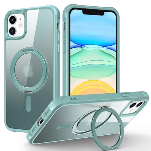 Image of Compatible with iPhone 11 Case with Stand 6.1 inch,Green | Matte Translucent Phone Case for iPhone 11,360 Magnetic Ring Stand,Compatible Mag-Safe,Military Grade Protection