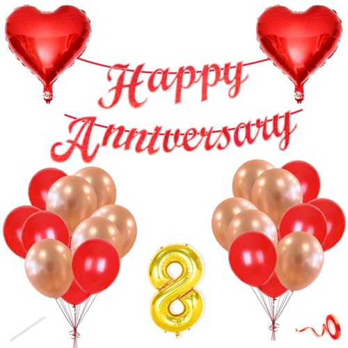 Image of Flyloons 8th Happy Anniversary Decoration Items Red Rose Gold for Men Women Husband Wife Mom Dad Parent Couple Home Bedroom Car With 20 Pcs Metallic Balloons Anniversary Banner 2 Pcs Heart Set Kit