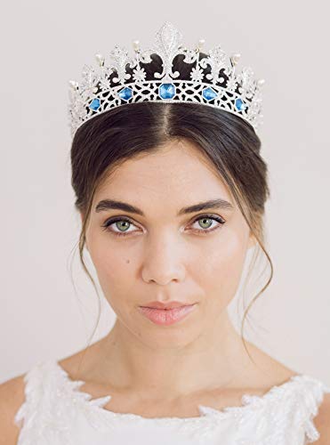 SWEETV Pearl Princess Tiara with Sapphire Crystal, Rhinestone Tiaras and Crowns for Women, Queen Crown Costume Accessories for Wedding Birthday Party