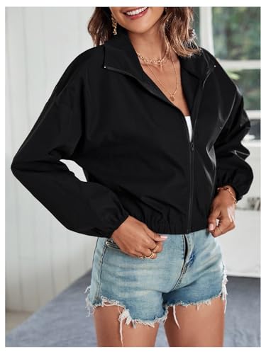 SweatyRocks Women's Zip Up Cropped Windbreaker Jackets Collared Long Sleeve Outerwear Jacket4