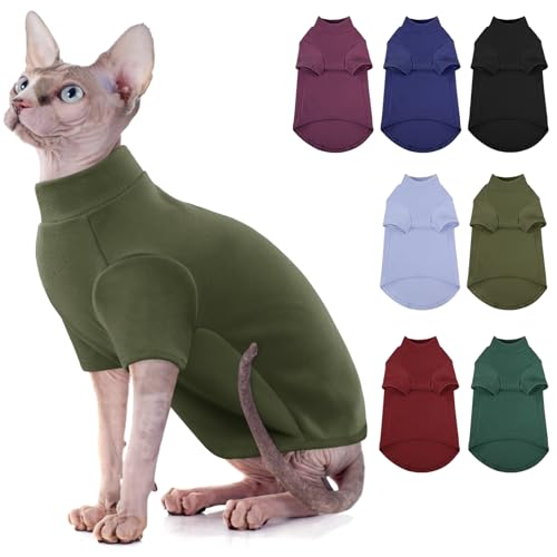 SUNFURA Turtleneck Sweater for Cat, Sphynx Cats Shirt Hairless Cat Sweaters with Sleeves, Warm and Soft Kitten Pullover Fleece Winter Pajamas Jumpsuit for Puppy Cats, ArmyGreen M