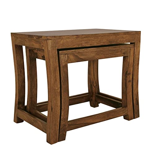 Image of Sheesham Wood Bedside Table | Nesting Table Stools for Home and Office Decor (Finish Color- Brown) -Set of 2