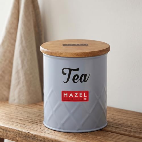 Image of HAZEL Tea Storage Container with Wooden Lid Metal Airtight Canister, 500ml