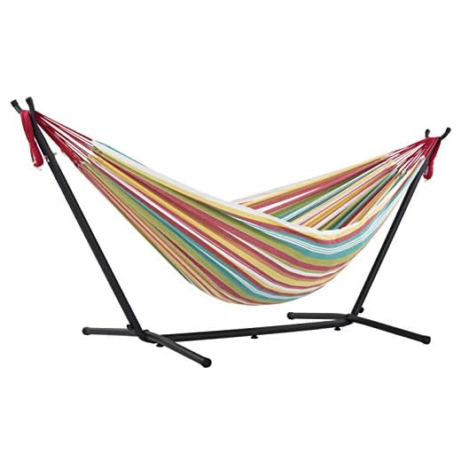 Vivere UHSDO8-26 Double Cotton Hammock with Space-Saving Steel Stand Including Carrying Bag, Salsa
