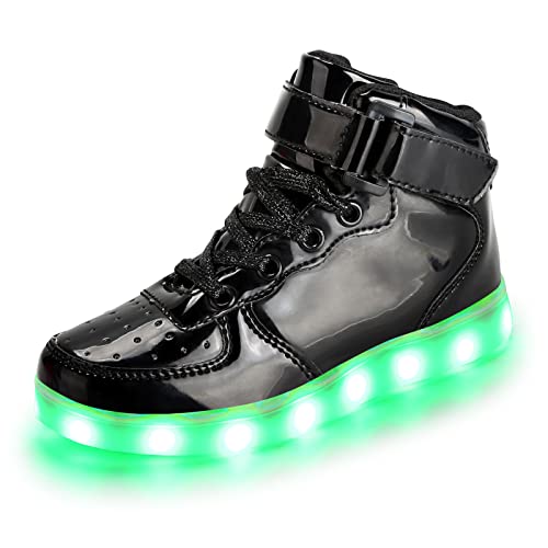 PADGENE Chaussures Enfants Garçon Fille Basket LED Lumineuse 7 Couleurs Clignotants USB Rechargeable Securité Mode Haut Dessus, Noir Brillant, 25 EU