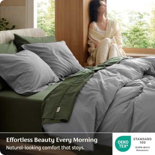 Image of Bedsure 100% Washed Cotton Duvet Cover Queen Size - Grey Minimalist Bedding Set Linen Like - PureWoven Plain Simple & Soft Comforter Cover for All Seasons, 3 Pieces (Grey, Queen, 90 inchx90 inch)