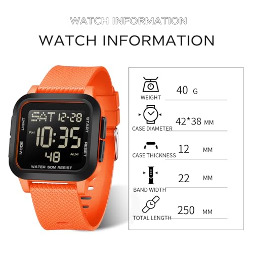 findtime Reloj digital para hombre y mujer, con números grandes, digital, LED, deportivo, rectangular, resistente al agua 5 ATM, 12/24 h, dos zonas horarias, para exteriores, cuenta atrás, reloj - Imagen 8