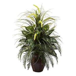 Nearly Natural 6727 3ft. Mixed Greens & Cattails with Planter, 26 x 26 x 36 inches, Green