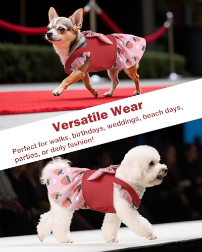 Image of CuteBone Dog Dress for Small Dogs Girl, Strawberry Summer Dresses with Bow & Ruffle Sleeve, UPF50+ Sun Protection, Cute Pet Clothes for Puppy for Birthday Wedding Party Beach ZSFX02XS