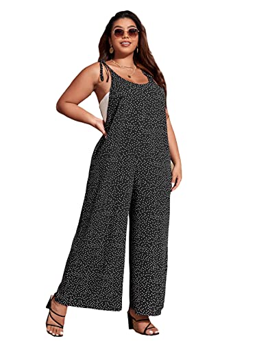 Makemechic Women's Plus Size Polka Dots Tie Shoulder Summer Cami Jumpsuit With Pockets Black 1Xl #TOP12