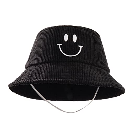 Winzik Baby Boys Girls Spring Summer Cute Smiley Face Embroidered Corduroy Fisherman's Hat Beanie Toddler Kids Skull Hat (One Size, Black) #TOP1
