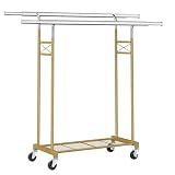 FAVOOSTY Stojak na ubrania na kółkach, 2 poziomy, stabilny, metalowy wieszak na ubrania, regulowany wieszak na ubrania, obciążenie do 260 kg,Złoty