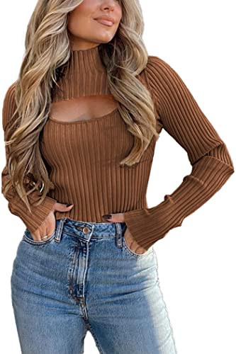 Image of PRETTYGARDEN Women's 2025 Fashion Fall Clothes 2 Piece Cutout Tops Long Sleeve Mock Neck Rib Knit Winter Pullover Sweater