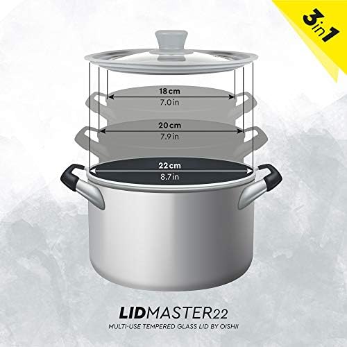 Oishii Lidmaster Universal Glass Lid with Silicone Rim - suitable for Cooking Pots and Frying Pans Ø 18, 20 und 22 cm