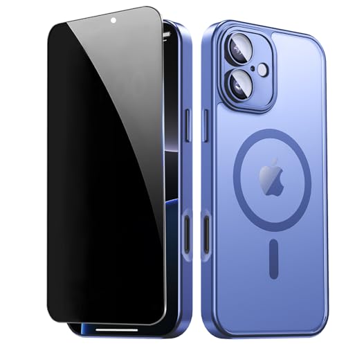 ZZYYQSL Magnetic for iPhone 16 Case with Privacy Screen Protector & Built-in Camera Protection, Compatible with Magsafe, Shockproof Protective Cover for iPhone16 Men Woman - Light Blue