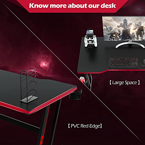 Tangkula Gaming Desk, Z Shaped Ergonomic Gaming Table Computer Desk With Adjustable Headphone Hook, Cup Holder, Gaming Handle Rack, Home Office Gamer Workstation With Carbon Fiber Desktop (Red) #TOP7