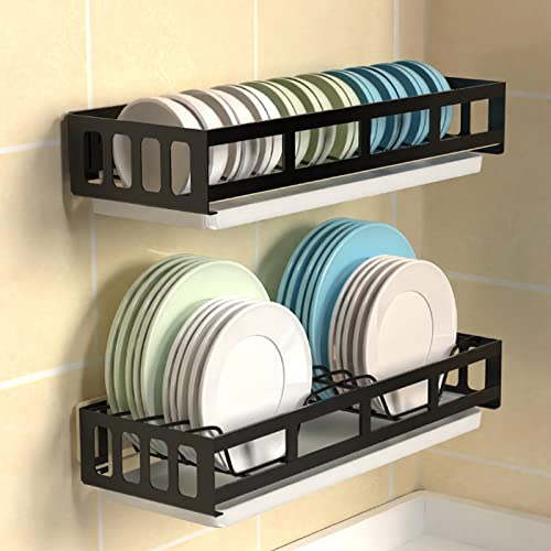 Abtropfgestell mit 2 Etagen, zur Wandmontage, mit Ablaufpfanne und Ablage, schwarz, für Schüsseln, Tassen, Löffel, Gabeln, Küchen-Abtropfbrett-Organizer