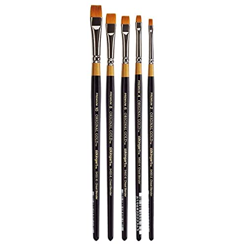 KINGART B-010 Premium 5 pc. Original Gold 9450 Series Chisel Blender - Bright Artist Brush Set, Synthetic Golden Taklon for Acrylic, Oil, and Gouache Painting, Short Handle, 5 Sizes - 2, 4, 6, 8, 10