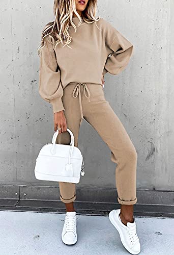 Fixmatti Women's 2 Piece Outfits Long Sleeve Pullover Sweatshirt Jogger Pants Sweatsuit Khaki M #TOP2