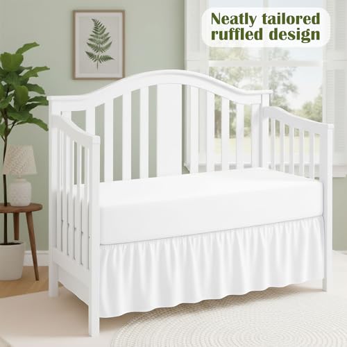 Image of Luxury Crib Bed Skirt 28 inch x 52 inch with 14 Inch Drop Soft & Breathable Dust Ruffle Fits Standard Crib and Toddler Bed Nursery Microfiber Fabric Ruffle Bed Skirt for Baby Boys or Girls White Solid