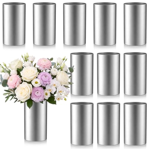 Ferrochef 12 Pcs 6 Inch Silver Cylinder Vases for Wedding Centerpieces | Flower Vases for Wedding, Round Wide Container, Tall Decorative Hurricane Candle Holder Bulk, for Home Office Table Decor