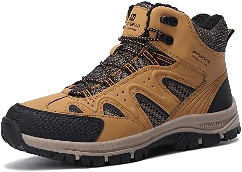ARRIGO BELLO Snow Boots for Men Winter Boots Outdoor Hiking Shoes Lightweight Ankle Booties Leather Walking Lace Up Trekking（Yellow, Size 8