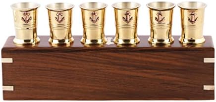 Bhartiya Handicrafts Vintage Medieval Brass Elegant Rum Shot whiskey Cups Glasses with Copper Anchor | Inside Silver Coated (6 pk, With Box)