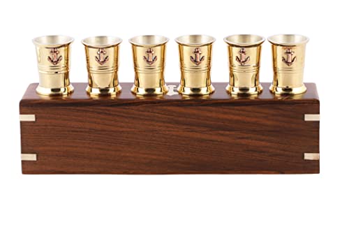 Bhartiya Handicrafts Vintage Medieval Brass Elegant Rum Shot Whiskey Cups Glasses With Copper Anchor | Inside Silver Coated (6 Pk, With Box) #TOP25