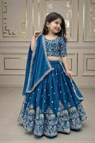 Image of Kids Chiffon Lehenga Choli, Embroidered Elephant and Floral Print, Festive Ethnic Wear with Dupatta