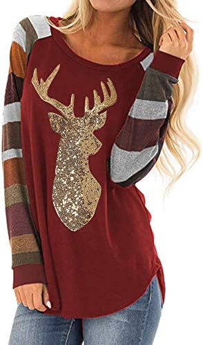 Kamendita Women's Tops Loose Womens Christmas Tops Plaid Splice Hem Reindeer Long Sleeve Cute Tunic Blouse S-5XL