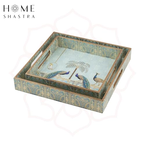 Image of Wooden Serving Tray with Gold Engraving | Set of 2 | Size : 12 x 12 inch & 10 x 10 inch | Enamel Coated Waterproof | Square Trays | Decorative Trays | (Blue Peacock Square Trays Set)