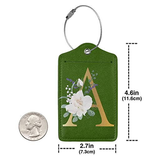 2 PCS Flower Lette A Luggage Tag for Suitcases Leather Travel Cruise Luggage Tags with Stainless Steel Loop Privacy Cover Id Label Suitcase Tags Green4