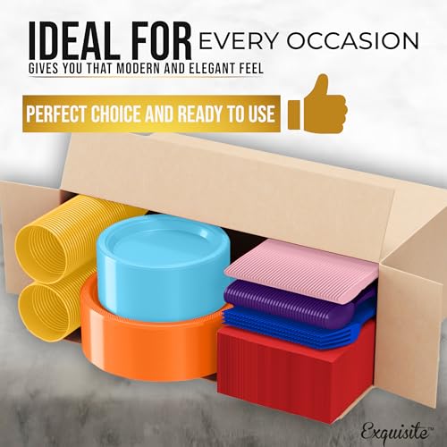 Image of Exquisite 350 Pcs Rainbow Plates and Napkins Party Supplies Plate Sets | Sturdy Plastic Dinnerware Set With 9 inch & 7 inch Plates, 12 Oz Cups, Lunch Napkins and Cutlery Serves 50 for Birthdays & Everyday