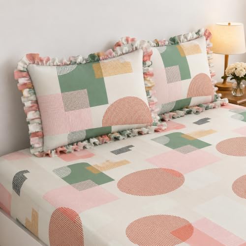 Image of King Size Fitted Bedsheet for Double Bed | 300 TC Cotton Feel Microfiber | All Around Elastic with 2 Frill Pillow Covers | Soft & Durable | (WilburnFrill, Fitted -60x78 Queen)