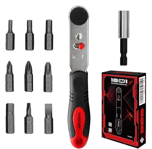 IRONCUBE Angle Ratchet Screwdriver Set: 10 Piece Magnetic Bit with 90 degree Mini Offset Low Profile Reversible Drive Handle - DIY Bike Tight Spaces