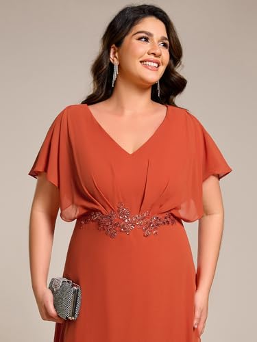 Image of Ever-Pretty Plus Women's V Neck Applique Plus Size Wedding Guest Dress Applique Short Sleeves Maxi Foraml Dresses Burnt Orange US20