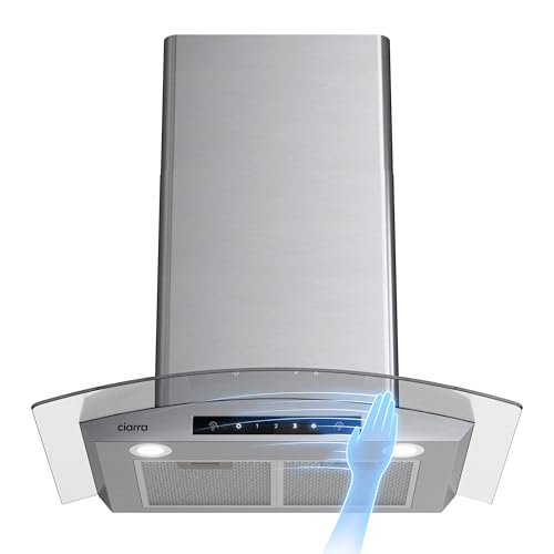 Wall Mount Range Hood 30 inch 760m3/h Tempered Glass Range Hood Vent for Kitchen Hood with Soft Touch Control Ductless Convertible Duct, CIARRA CAS75502