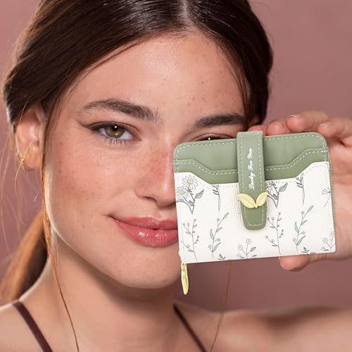 Image of Farcauo Cute Green Flower Wallet for Women Small Kawaii Coin Purse with ID Window Compact Lightweight and Stylish Design Cash Wallet for Ladies
