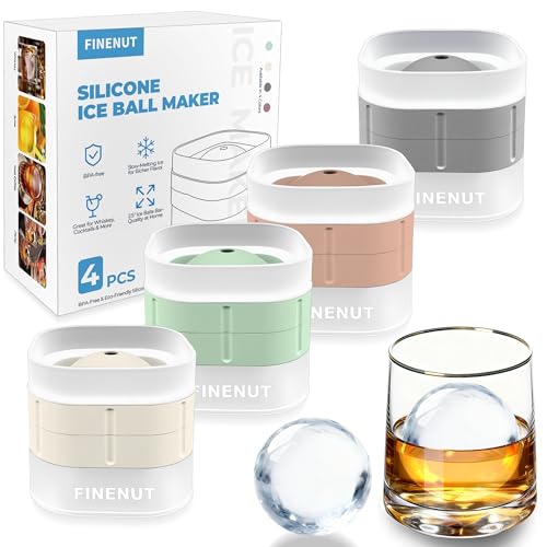 FINENUT Silicone Ice Ball Mold with Lid, 4 Pack – 2.5 Inch Large Sphere Round Ice Maker, Easy Release BPA-Free Silicone Trays for Whiskey & Cocktails, Home Bars & Freezer (Multicolor-Premium)